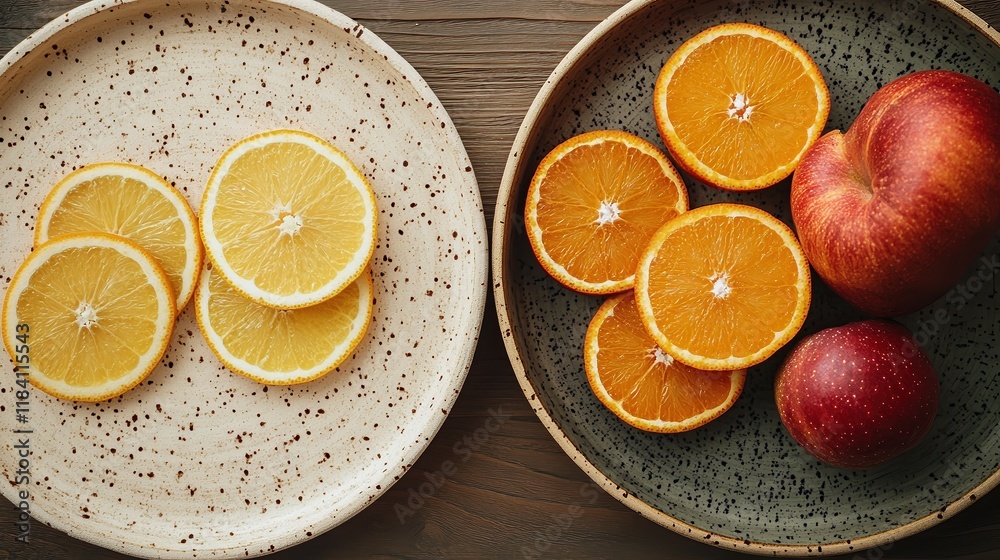Plates filled with sliced oranges and fresh red apples on wooden table. Bright colors of citrus and apples create a fresh, vibrant, and healthy fruit combination perfect for natural food themes. Plates filled with sliced oranges and fresh red apples on wooden table. Bright colors of citrus and apples create a fresh, vibrant, and healthy fruit combination perfect for natural food themes.