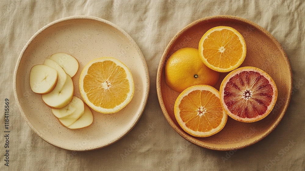 Slices of apples and oranges on one plate and whole citrus fruits on another wooden plate placed on textured cloth background. Minimalist fruit arrangement emphasizes freshness and simplicity. Slices of apples and oranges on one plate and whole citrus fruits on another wooden plate placed on textured cloth background. Minimalist fruit arrangement emphasizes freshness and simplicity.