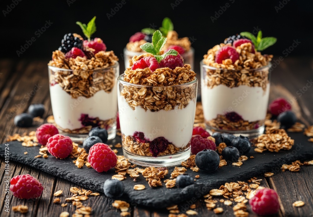 A close up of four small bowls of granola with blueberries A close up of four small bowls of granola with blueberries