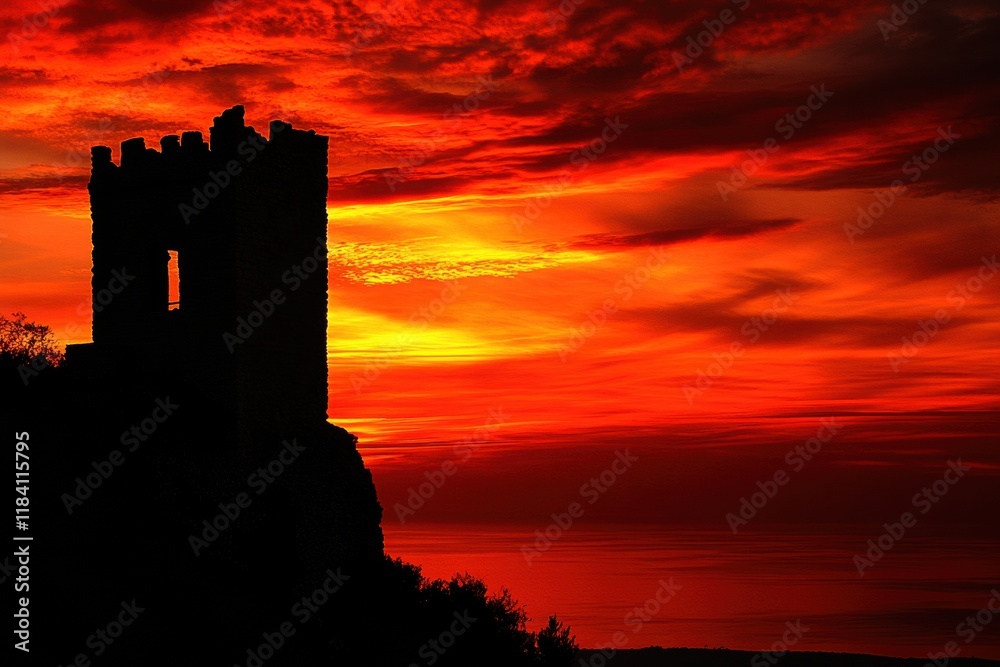 Obraz premium A castle is silhouetted against a red and orange sky