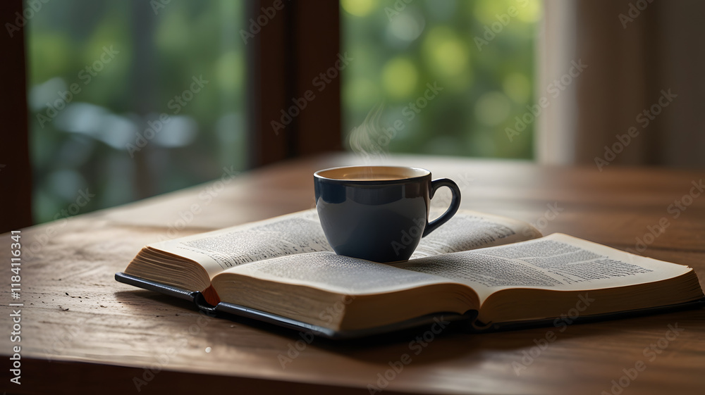 On a wooden table with window light in the morning, open the Bible and have a cup of coffee before reading it or spending time in prayer and worship. On a wooden table with window light in the morning, open the Bible and have a cup of coffee before reading it or spending time in prayer and worship.