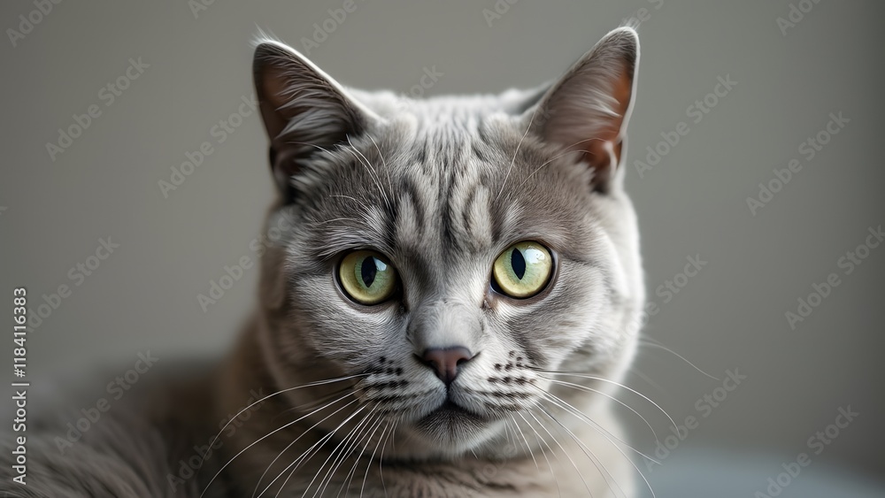 Majestic British Shorthair Cat Portrait, Serene Grey Feline with Piercing Green Eyes, Minimalist Background Majestic British Shorthair Cat Portrait, Serene Grey Feline with Piercing Green Eyes, Minimalist Background