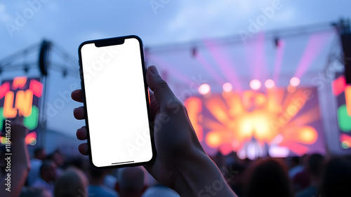 A hand holding a smartphone with a white mockup screen at a music festival. Generative AI