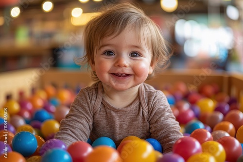 Smiling toddler enjoying a colorful ball pit at a pet store