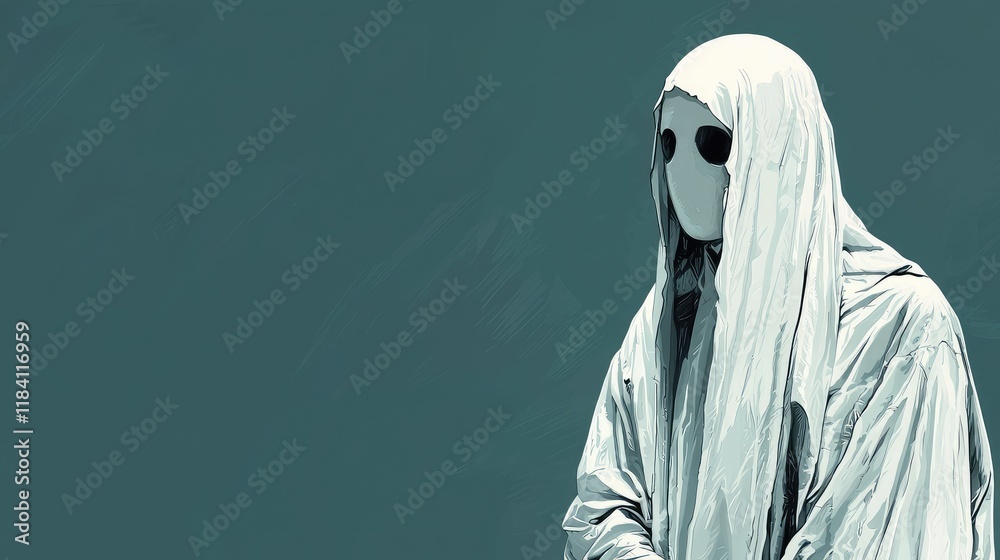 Mysterious Hooded Figure in a Ghostly Mask: A Digital Painting of Ethereal and Enigmatic Specter, Evoking Feelings of Wonder and Intrigue. Mysterious Hooded Figure in a Ghostly Mask: A Digital Painting of Ethereal and Enigmatic Specter, Evoking Feelings of Wonder and Intrigue.
