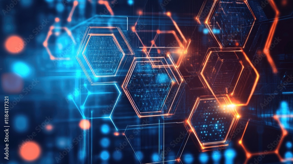 Abstract hexagonal grids with luminous highlights, representing precision and technology. Abstract hexagonal grids with luminous highlights, representing precision and technology.