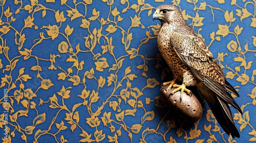 Realistic Falcon Artwork on Ornate Floral Background with Blue and Gold Details photo