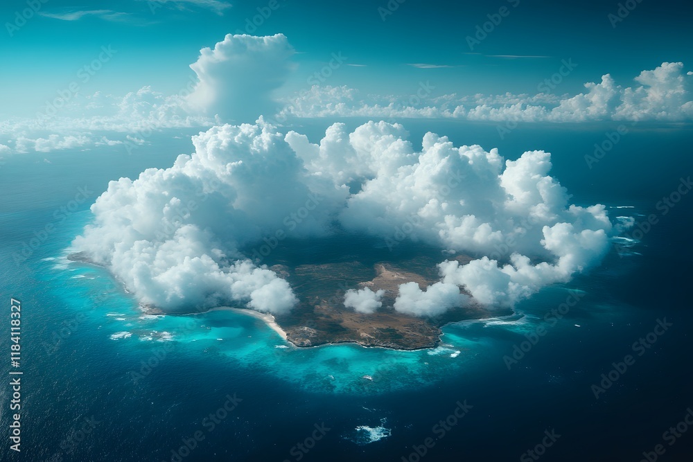 Naklejka premium Tropical Island Oasis with Surreal Cloudscape - Nature and Travel Inspiration