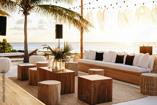 ocean-view lounge setup  teak furniture  coastal vegetation