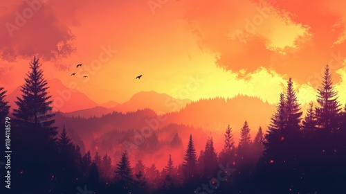 Fiery Sunset Over Silhouetted Coniferous Forest Mountains