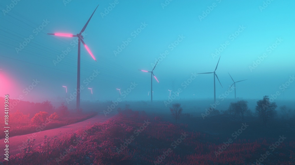 Obraz premium Futuristic Wind Farm in a Misty Dawn: A Vision of Sustainable Energy
