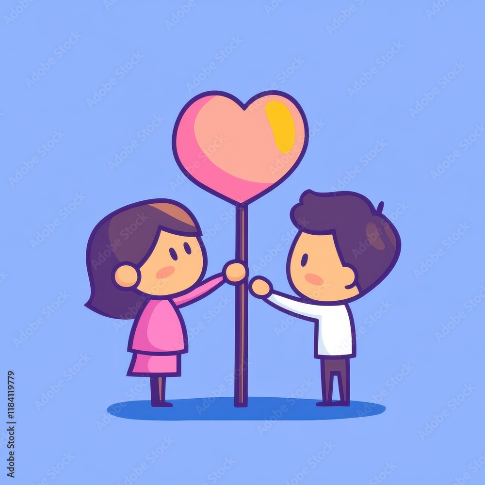 A Cute Cartoon Illustration of a Couple Holding a Large Heart on a Blue Background, Symbolizing Love and Togetherness in a Playful Style A Cute Cartoon Illustration of a Couple Holding a Large Heart on a Blue Background, Symbolizing Love and Togetherness in a Playful Style