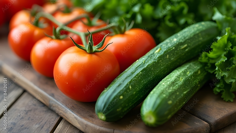 Vibrant Tomatoes, Crisp Cucumbers, and Leafy Greens on Peach-Colored Wooden Board, Fresh Produce Close-Up Vibrant Tomatoes, Crisp Cucumbers, and Leafy Greens on Peach-Colored Wooden Board, Fresh Produce Close-Up