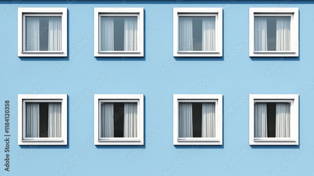 Minimalist Light Blue Building Facade with Eight Windows and White Frames Minimalist Light Blue Building Facade with Eight Windows and White Frames