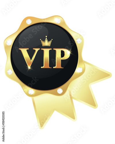 Vip Golden Badge, Lable, Emblem, Ribbon, Diamonds, Black, Golden Gradient, EPS 10, Vector Illustration