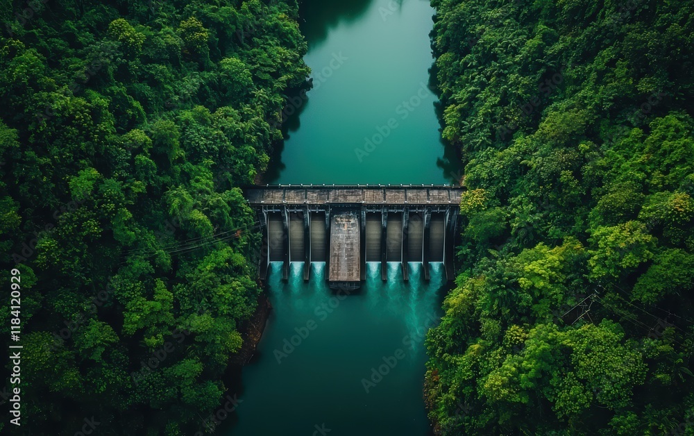 A birds-eye view of a hydroelectric dam surrounded by lush greenery and a river A birds-eye view of a hydroelectric dam surrounded by lush greenery and a river