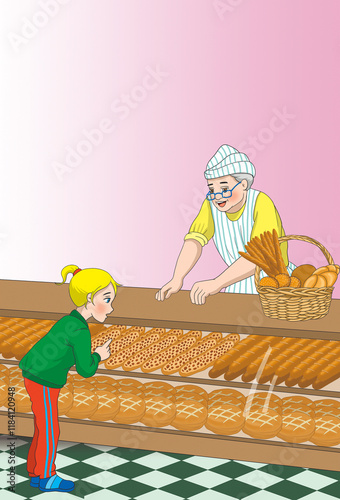 Cartoon. Little girl buying bread from a bakery. Looking showcase. Choosing bread.