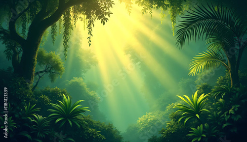 tropical forest with sun rays