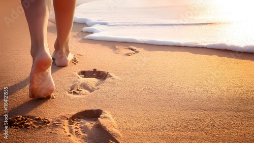 Bare feet walking on white sand, leaving footprints. Idea: follow someone, imitate, coaching.