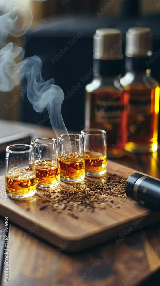 Delightful tasting experience with whiskey shots and smoky aromas at a cozy bar setting Delightful tasting experience with whiskey shots and smoky aromas at a cozy bar setting