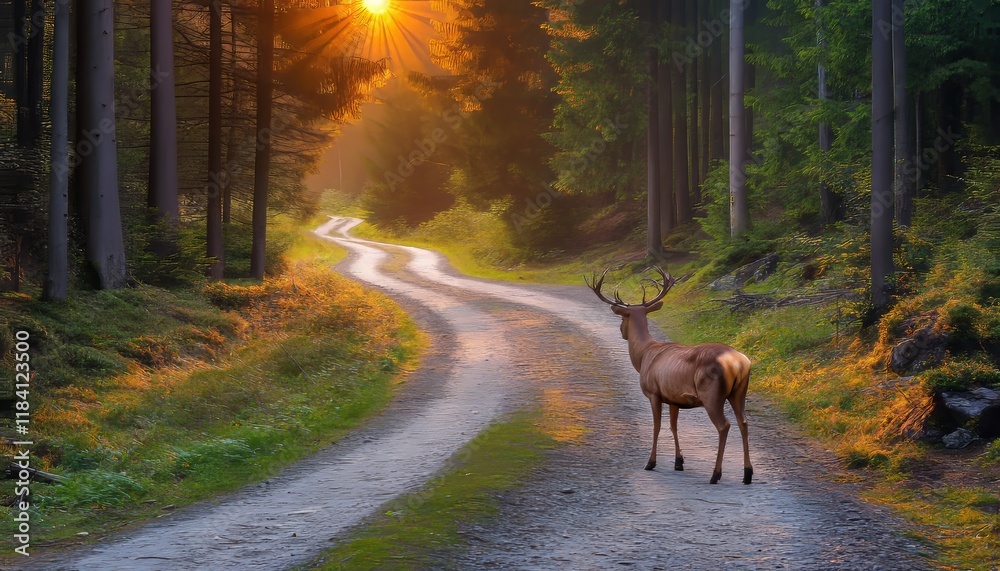 Fototapeta premium Solitude on the Forest Path Majestic Deer at Golden Hour in Tranquil Woodland Setting