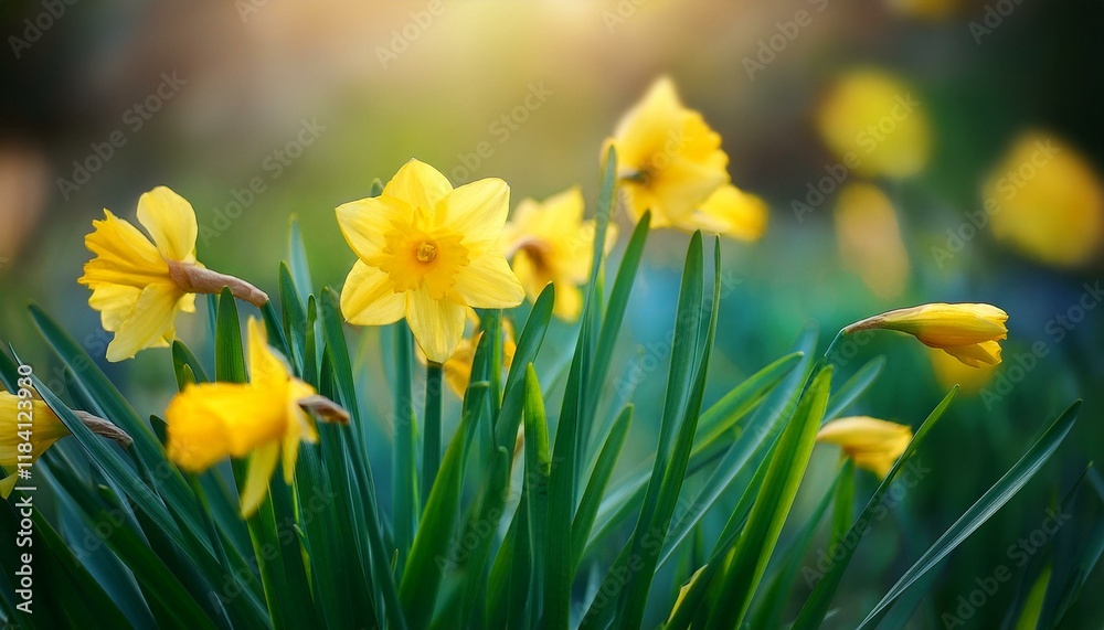 yellow daffodils blooming in a lush green subject yellow daffodils blooming in a lush green subject