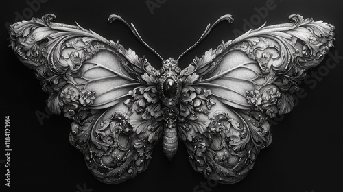 Ornate Butterfly: A Black and White Masterpiece of Intricate Design and Exquisite Detail. This Digital Artwork Showcases a Vintage, Baroque-Style Insect with Floral Motifs,
