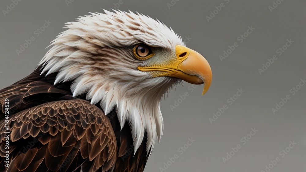 Fototapeta premium Majestic bald eagle profile portrait against a neutral background.