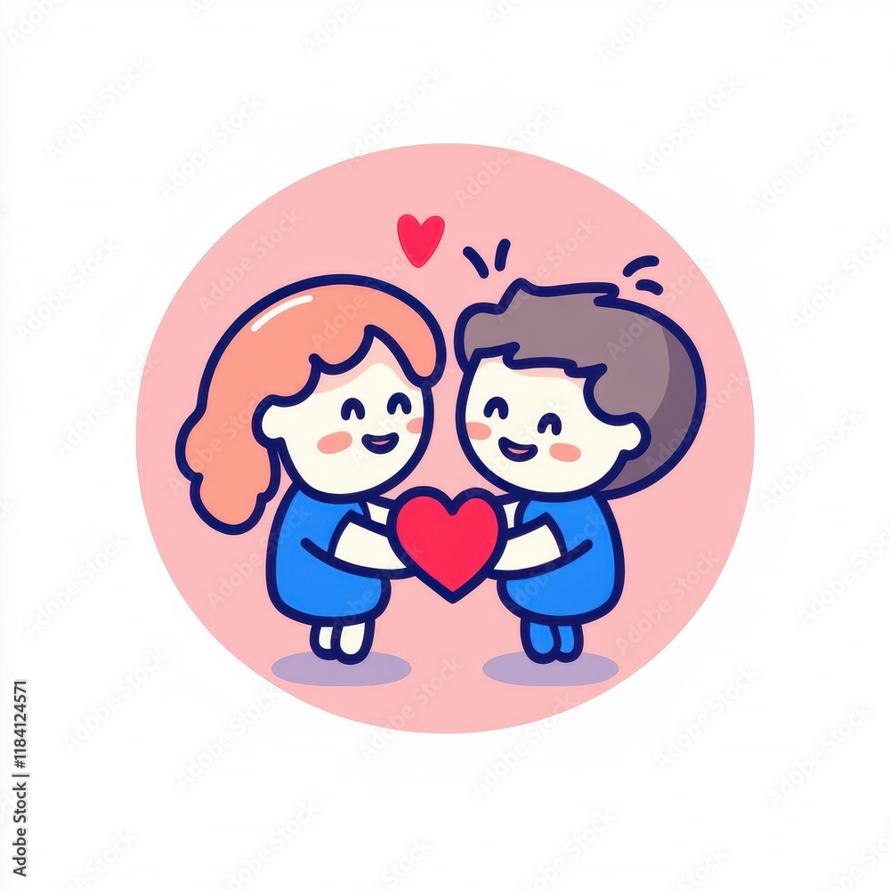 Cute illustration of a couple holding a heart with smiles, perfect for expressing love, affection, and romantic gestures in various design projects and media. Cute illustration of a couple holding a heart with smiles, perfect for expressing love, affection, and romantic gestures in various design projects and media.