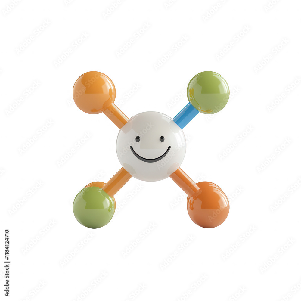 Colorful molecular model with a happy face representing chemistry and science concepts., isolated on a transparent background. Colorful molecular model with a happy face representing chemistry and science concepts., isolated on a transparent background.