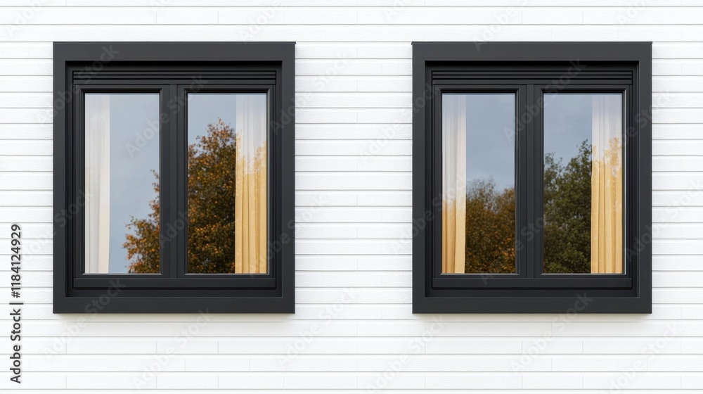 Modern Black Framed Windows on White Siding House Exterior Modern Black Framed Windows on White Siding House Exterior