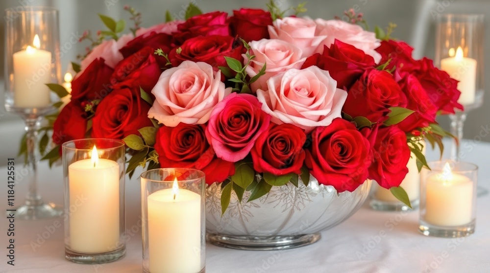 Table Centerpiece of Red and Pink Roses Surrounded by Candles in Glass Holders Table Centerpiece of Red and Pink Roses Surrounded by Candles in Glass Holders