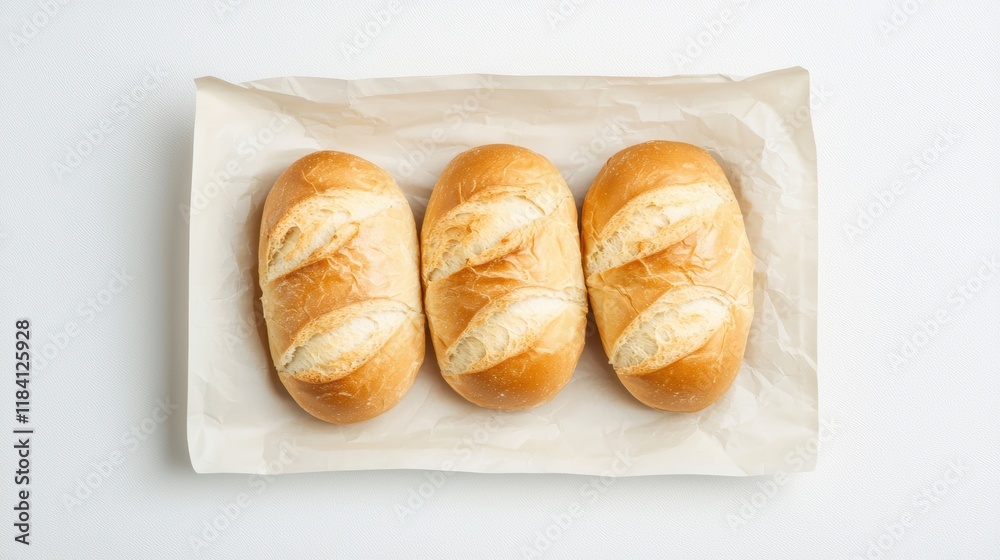 Three Crusty Bread Rolls on Baking Paper, Overhead Shot Three Crusty Bread Rolls on Baking Paper, Overhead Shot