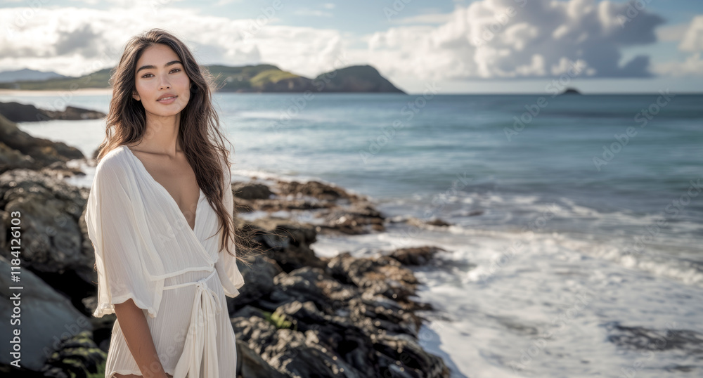 A woman is standing on a rocky beach wearing a white dress. A woman is standing on a rocky beach wearing a white dress.