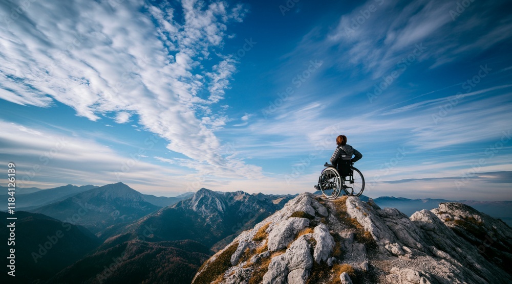 Obraz premium Person in Wheelchair Reaches Mountain Summit Symbolizing Breaking Barriers and Triumph