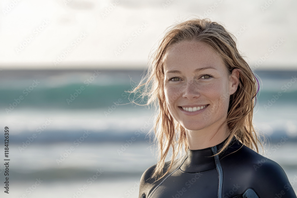 Smiling young woman in a wetsuit with wet hair standing by the ocean, enjoying a sunny day at the beach. Smiling young woman in a wetsuit with wet hair standing by the ocean, enjoying a sunny day at the beach.