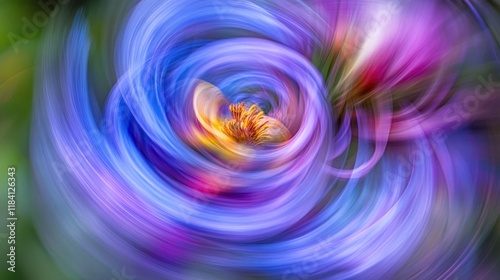 Abstract swirling flower in vibrant blues, purples, and yellows.