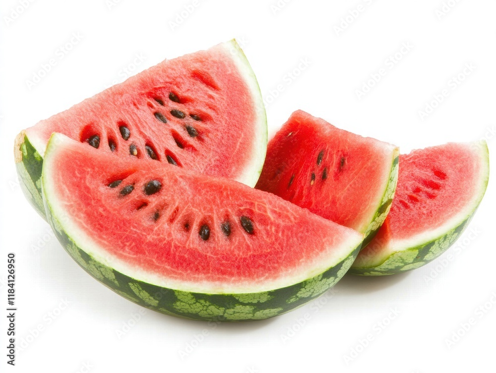 A watermelon is cut into slices and placed on a white background A watermelon is cut into slices and placed on a white background