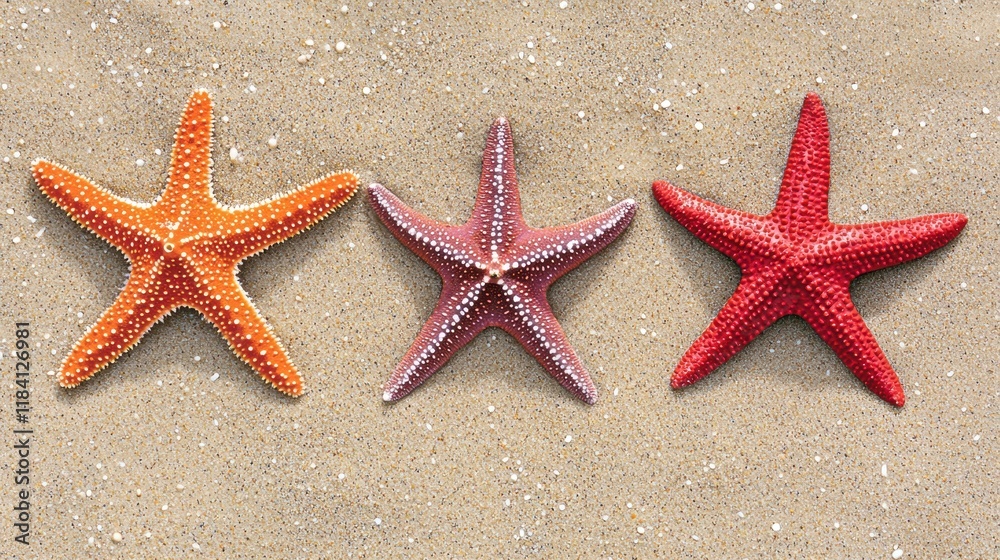 Three Vibrant Starfish on Sandy Beach Three Vibrant Starfish on Sandy Beach