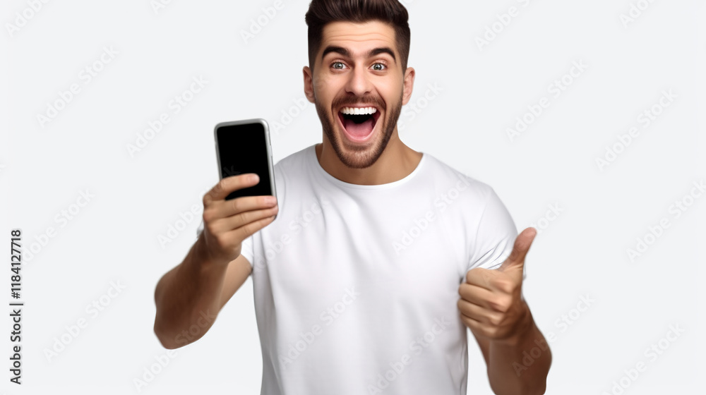 A man with an excited expression is pointing at his smartphone A man with an excited expression is pointing at his smartphone