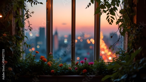 Tranquil Dusk Cityscape, Serene Sunset View Through Window with Blooming Flowers