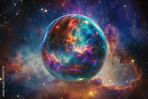 A vibrant, transparent sphere encapsulates a swirling nebula, stars, and cosmic dust, floating within a vast, starstudded universe. Colors range from deep blues and purples to fiery oranges and reds. photo