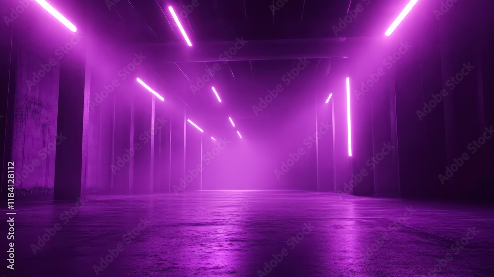 Purple neon lights illuminate a smoky, empty industrial corridor with concrete walls and floor. Purple neon lights illuminate a smoky, empty industrial corridor with concrete walls and floor.