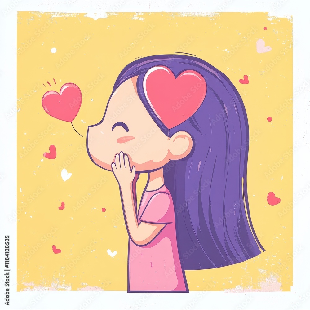 Cute cartoon girl with long hair expressing love and affection, surrounded by heart symbols in a cheerful and vibrant yellow background, perfect for romantic themes. Cute cartoon girl with long hair expressing love and affection, surrounded by heart symbols in a cheerful and vibrant yellow background, perfect for romantic themes.