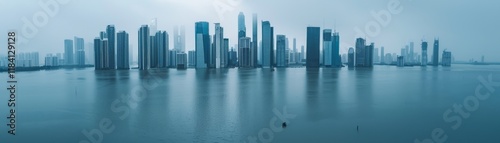 A city skyline partially submerged due to flooding featuring half-submerged buildings and floating debris Emphasize the rising sea levels and the threat to urban areas