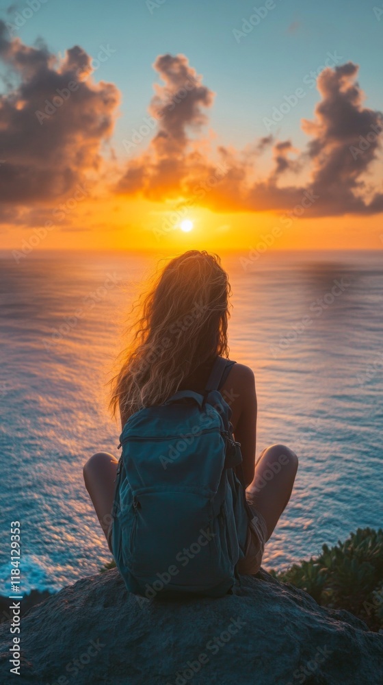 Fototapeta premium A solo traveler sits peacefully on a rock, gazing at the vibrant sunset casting hues over the ocean. With a backpack beside, they embrace the tranquility and beauty of nature