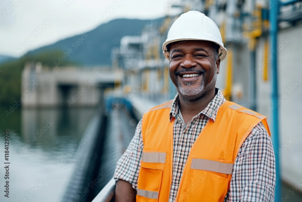 Portrait of a smiling middle aged African American male engineer at hydro plant Portrait of a smiling middle aged African American male engineer at hydro plant