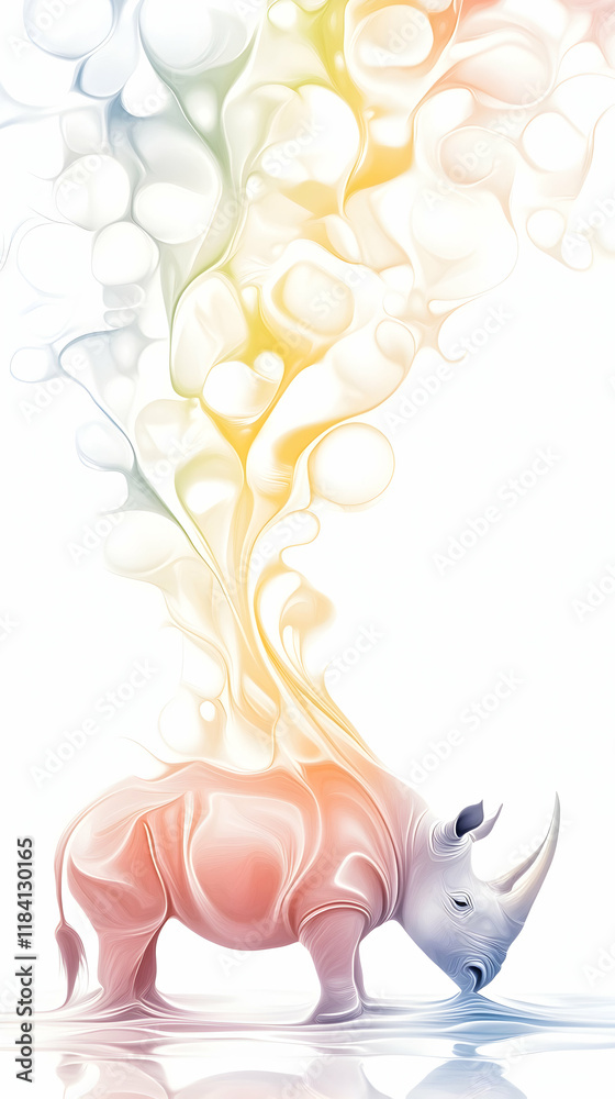 Obraz premium Colorful rhino drinking water, abstract rainbow background, conservation awareness, suitable for environmental campaigns