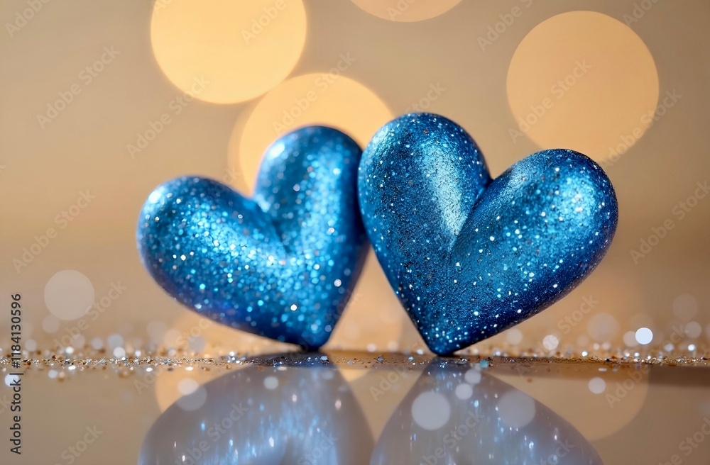 Fototapeta premium Two blue shiny hearts on a light brown background with bokeh