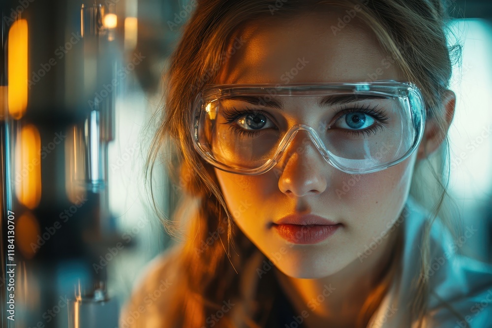 Young Scientist in Laboratory with Safety Goggles Focused on Experimentation and Innovation in Modern Scientific Research Environment Young Scientist in Laboratory with Safety Goggles Focused on Experimentation and Innovation in Modern Scientific Research Environment